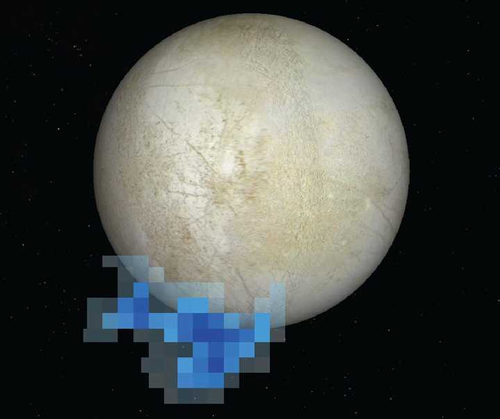 This graphic shows the location of water vapour detected over Europa’s south pole in observations taken by NASA’s Hubble Space Telescope in December 2012. This is the first strong evidence of water plumes erupting off Europa’s surface. Credit: NASA/ESA/L. Roth/SWRI/University of Cologne. Picture illustrating water on Europa.
