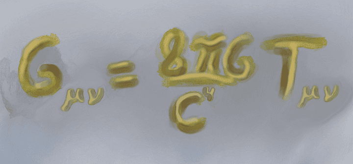 Written down, is Einstein’s field equations for GE. The Greek subscripts are a reminder that there is actually a collection of 16 equations, but only 10 are non-redundant. The “c” is the speed of light, and G, is the gravitational constant, the one proposed by Newton. The left is known as the geometric side, given by  the Einstein tensor G_µv,and the right, is the energy part, given by the energy-momentum tensor T_µv. © Hermano Farias.