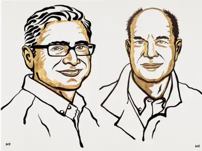 Ardem Patapoutian (left) and David Julius (right). Credit - Ill. Niklas Elmehed © Nobel Prize Outreach.