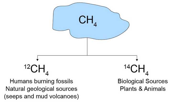 Methane in our atmosphere has two signatures based on the isotope of carbon atom. These two types of methane come from different sources. Devadas Vivek. Sources of Methane in the Atmosphere