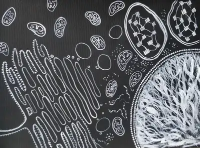 Here I depict using acrylic art, the different organelles that exist within cells like the nucleus, mitochondria, chloroplast, endoplasmic reticulum, golgi apparatus, lysosome and ribosome. © Sunaina Rao.
